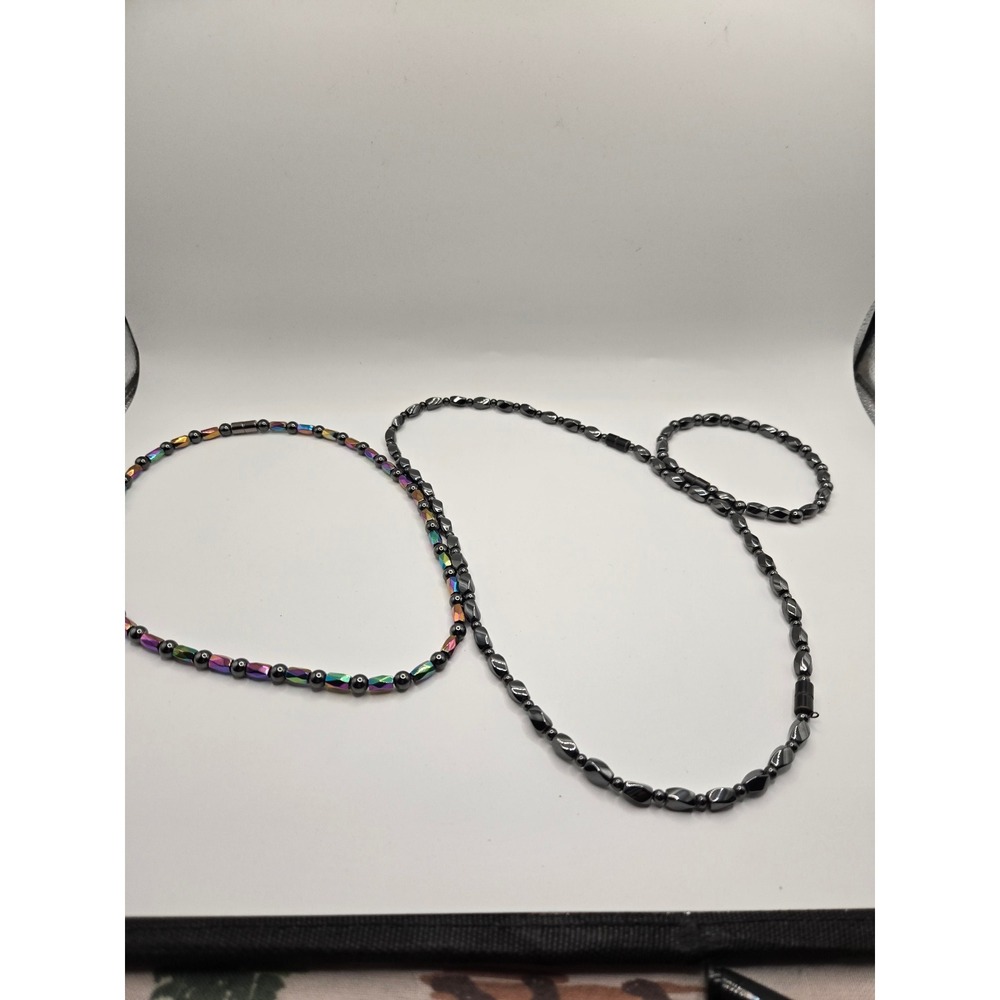 Magnetic Hematite Jewelry Set Rainbow & Grey Iridescent Necklaces Bracelets